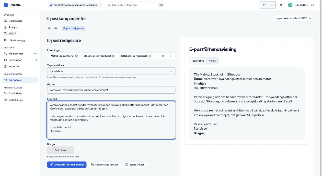 The campaign composer with recipients chosen per local association and a desktop and mobile preview.